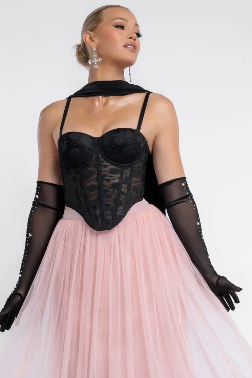 Textured Floral Mesh Corset Tulle Gathered Midaxi Skirt Jersey Scarf & Diamante Embellished Mesh Gloves by Goddiva