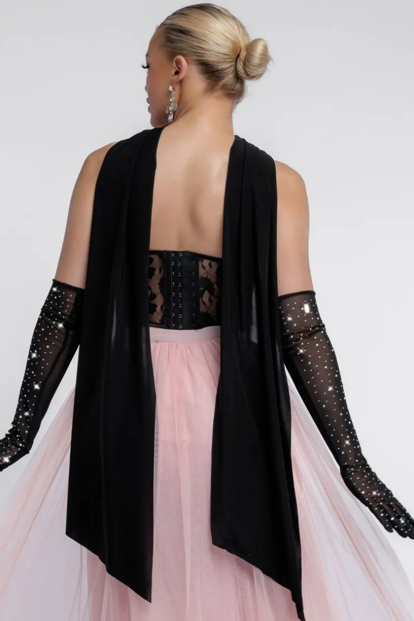 Textured Floral Mesh Corset Tulle Gathered Midaxi Skirt Jersey Scarf & Diamante Embellished Mesh Gloves by Goddiva