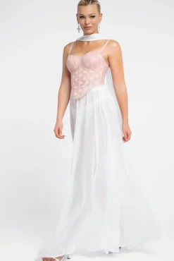 Textured Floral Mesh Corset Gathered A-Line Glitter Chiffon Maxi Skirt With Jersey Scarf & Diamante Embellished Mesh Gloves - Blush & Cream by Goddiva