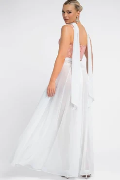 Textured Floral Mesh Corset Gathered A-Line Glitter Chiffon Maxi Skirt With Jersey Scarf & Diamante Embellished Mesh Gloves - Blush & Cream by Goddiva