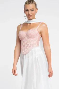 Textured Floral Mesh Corset Gathered A-Line Glitter Chiffon Maxi Skirt With Jersey Scarf & Diamante Embellished Mesh Gloves - Blush & Cream by Goddiva