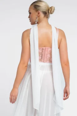 Textured Floral Mesh Corset Gathered A-Line Glitter Chiffon Maxi Skirt With Jersey Scarf & Diamante Embellished Mesh Gloves - Blush & Cream by Goddiva