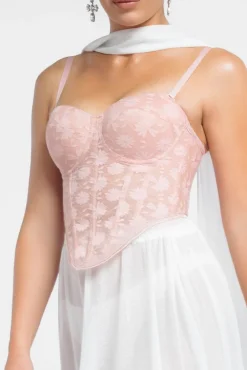 Textured Floral Mesh Corset Gathered A-Line Glitter Chiffon Maxi Skirt With Jersey Scarf & Diamante Embellished Mesh Gloves - Blush & Cream by Goddiva