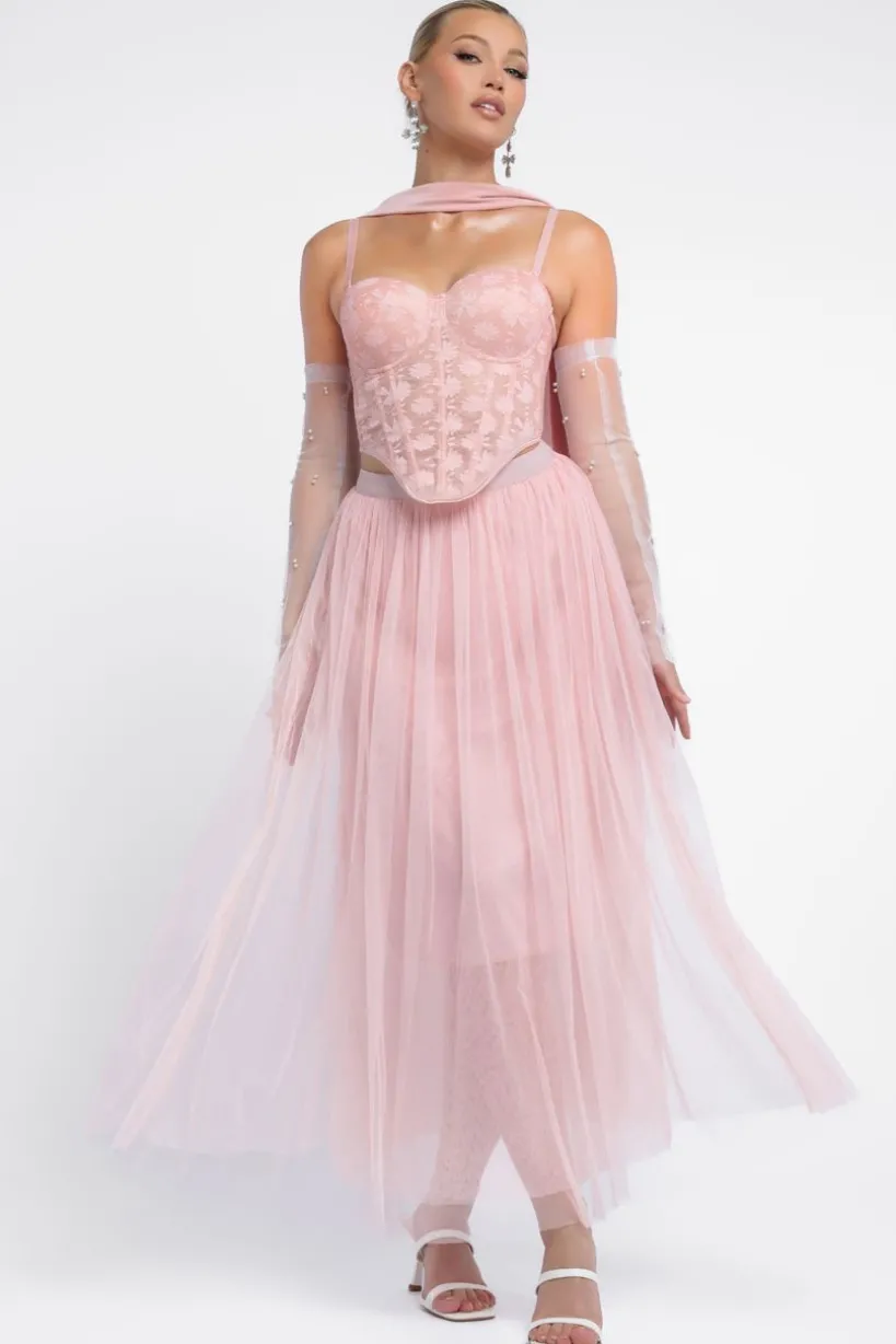 Textured Floral Mesh Corset Tulle Gathered Midaxi Skirt With Jersey Scarf & Embellished Fingerless Mesh Gloves - Blush by Goddiva