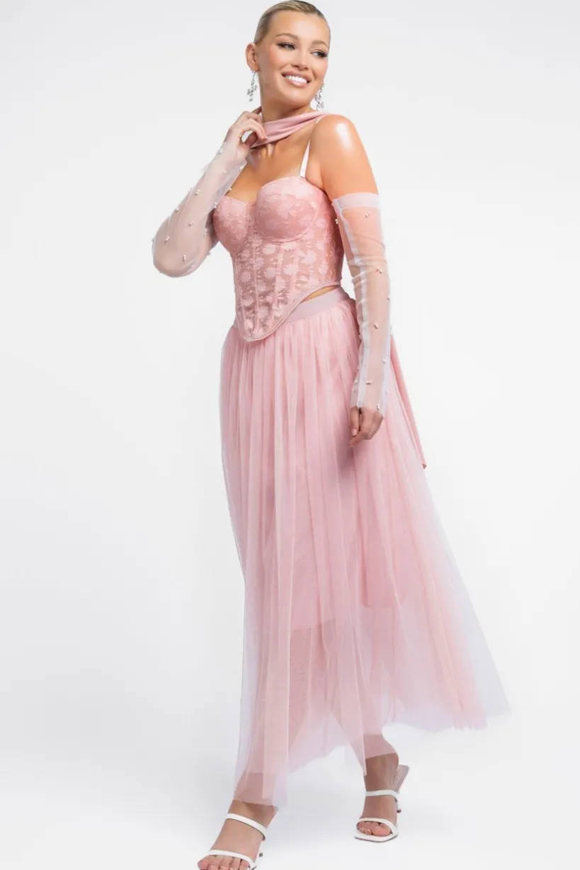 Textured Floral Mesh Corset Tulle Gathered Midaxi Skirt With Jersey Scarf & Embellished Fingerless Mesh Gloves - Blush by Goddiva