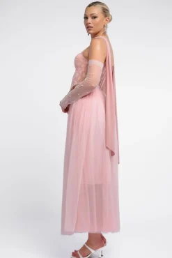 Textured Floral Mesh Corset Tulle Gathered Midaxi Skirt With Jersey Scarf & Embellished Fingerless Mesh Gloves - Blush by Goddiva