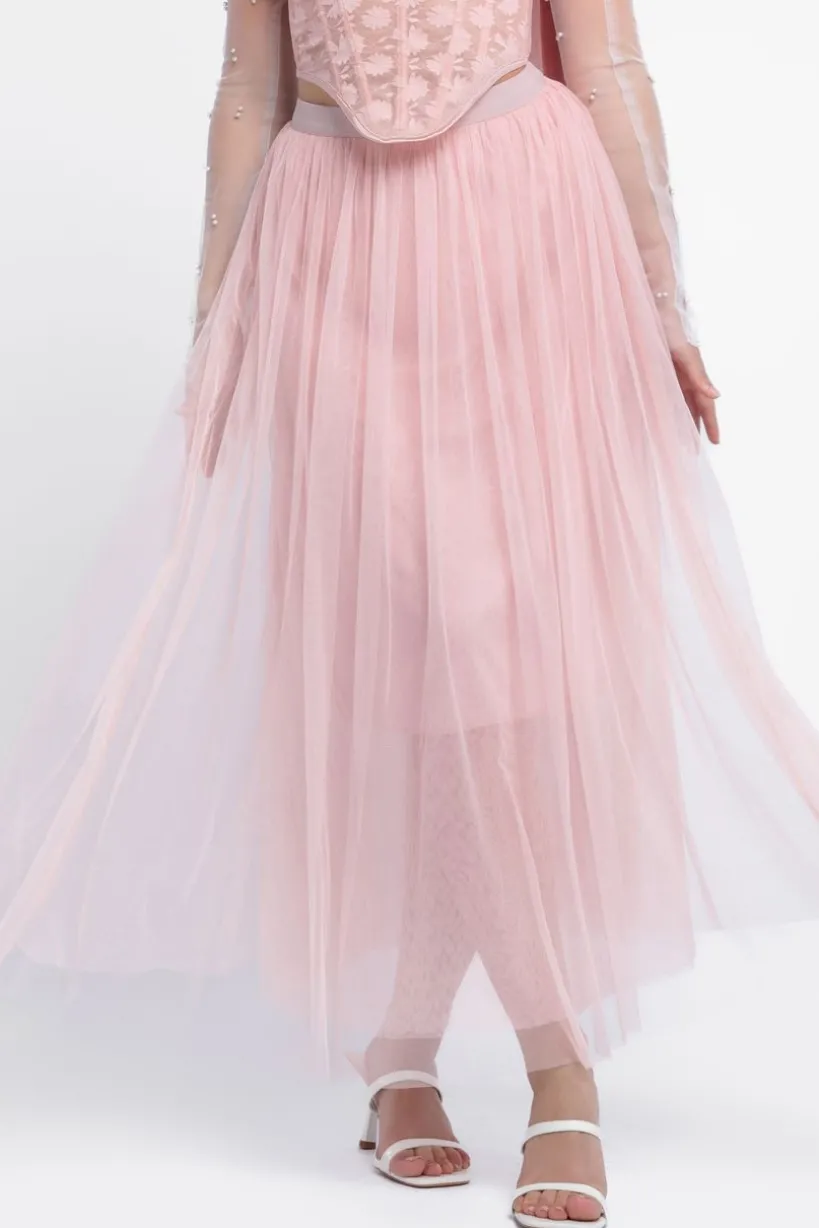 Textured Floral Mesh Corset Tulle Gathered Midaxi Skirt With Jersey Scarf & Embellished Fingerless Mesh Gloves - Blush by Goddiva
