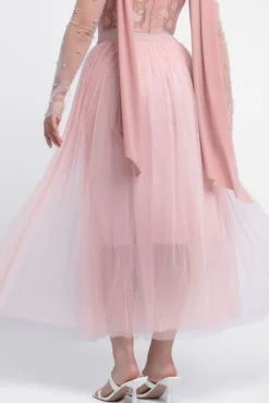 Textured Floral Mesh Corset Tulle Gathered Midaxi Skirt With Jersey Scarf & Embellished Fingerless Mesh Gloves - Blush by Goddiva