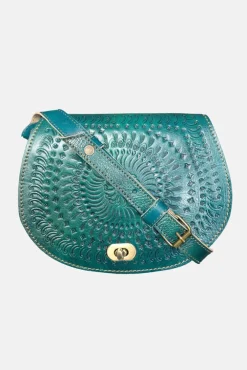 The Temara Embossed Saddle Bag In Teal by Berber Leather