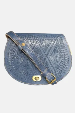 The Temara Embossed Saddle Bag In Navy Blue by Berber Leather