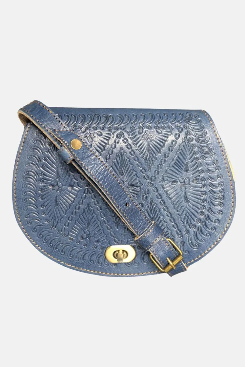 The Temara Embossed Saddle Bag In Navy Blue by Berber Leather