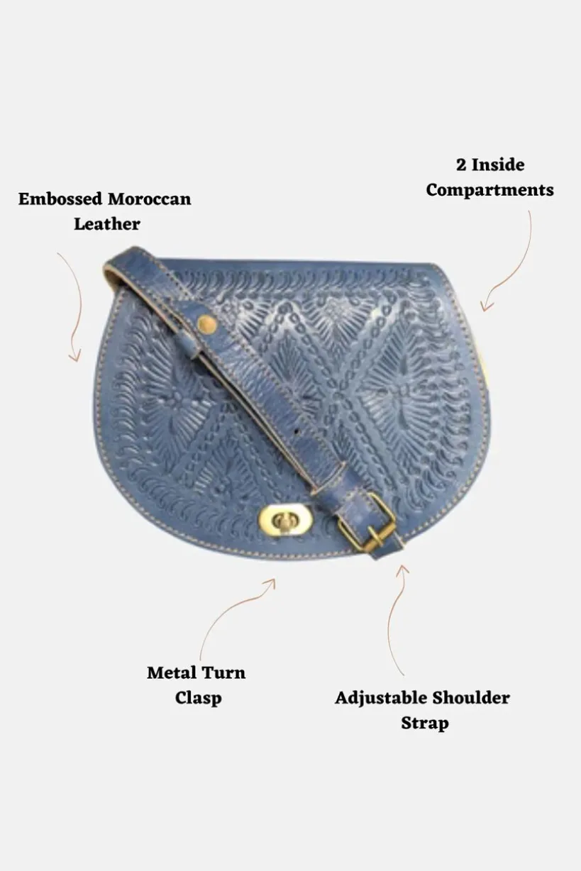 The Temara Embossed Saddle Bag In Navy Blue by Berber Leather