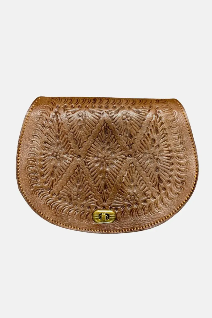 The Temara Embossed Saddle Bag In Brown by Berber Leather