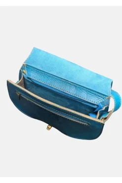 The Temara Embossed Saddle Bag In Bright Blue by Berber Leather