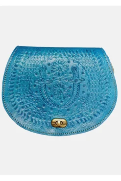 The Temara Embossed Saddle Bag In Bright Blue by Berber Leather