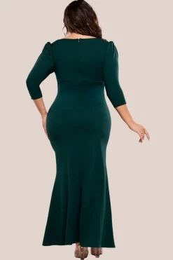 Three-Quarter Faux Wrap Neck Maxi Dress - Emerald Green by Goddiva Plus