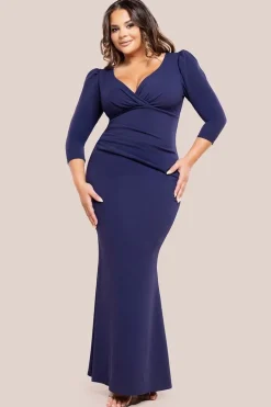 Three-Quarter Faux Wrap Neck Maxi Dress - Navy Blue by Goddiva Plus