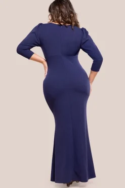 Three-Quarter Faux Wrap Neck Maxi Dress - Navy Blue by Goddiva Plus