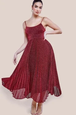 Tie Back Pleated Lurex Skater Midi Dress - Burgundy by Goddiva