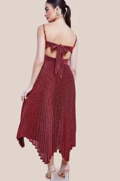 Tie Back Pleated Lurex Skater Midi Dress - Burgundy by Goddiva