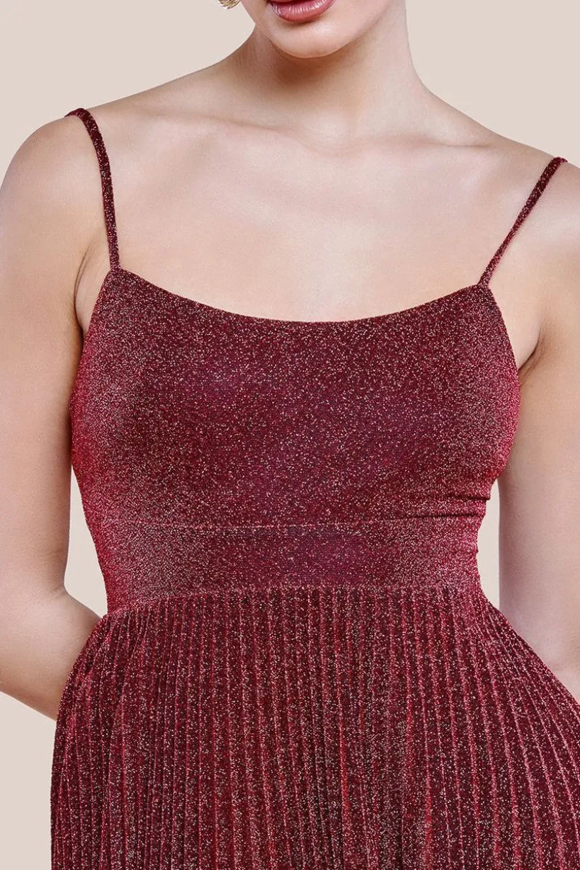 Tie Back Pleated Lurex Skater Midi Dress - Burgundy by Goddiva