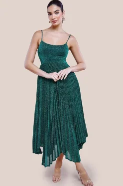 Tie Back Pleated Lurex Skater Midi Dress - Emerald by Goddiva