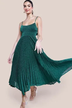 Tie Back Pleated Lurex Skater Midi Dress - Emerald by Goddiva