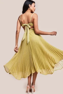 Tie Back Pleated Lurex Skater Midi Dress - Gold by Goddiva
