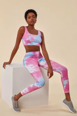 Tie-dye Crop Top With Leggings Set - Pinkblue by Cosmochic