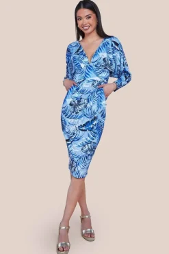 Tropical Print Midi With Batwing Sleeves - Blue by Goddiva