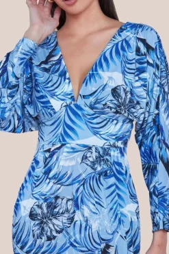 Tropical Print Midi With Batwing Sleeves - Blue by Goddiva