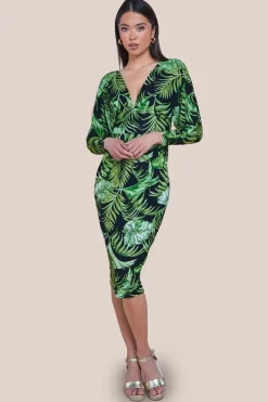 Tropical Print Midi With Batwing Sleeves - Green by Goddiva
