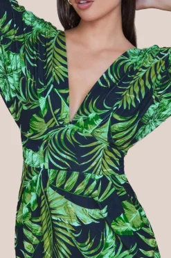 Tropical Print Midi With Batwing Sleeves - Green by Goddiva