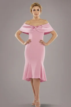 Twist Knot Satin & Scuba Bardot High Low Midi Dress - Blush Pink by Goddiva