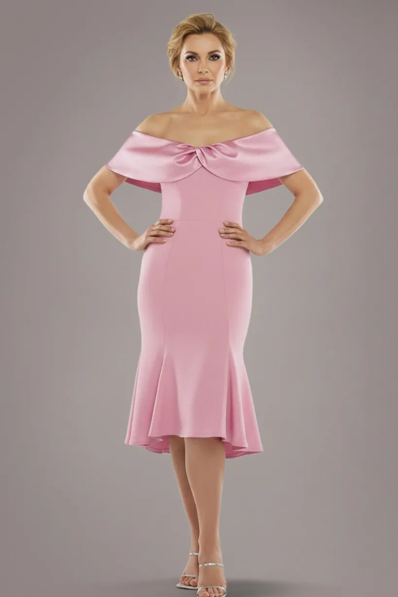 Twist Knot Satin & Scuba Bardot High Low Midi Dress - Blush Pink by Goddiva