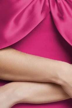 Twist Knot Satin & Scuba Bardot Maxi Dress - Magenta by Goddiva