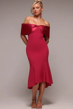 Twist Knot Satin & Scuba Bardot High Low Midi Dress - Magenta by Goddiva