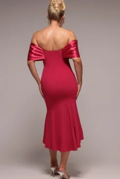 Twist Knot Satin & Scuba Bardot High Low Midi Dress - Magenta by Goddiva