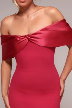 Twist Knot Satin & Scuba Bardot High Low Midi Dress - Magenta by Goddiva