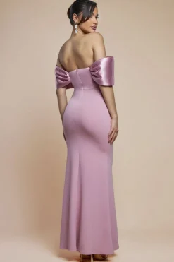 Twist Knot Satin & Scuba Bardot Maxi Dress - Blush Pink by Goddiva