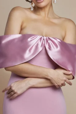 Twist Knot Satin & Scuba Bardot Maxi Dress - Blush Pink by Goddiva
