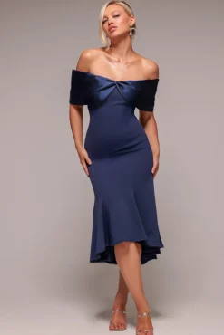 Twist Knot Satin & Scuba Bardot High Low Midi Dress - Navy Blue by Goddiva