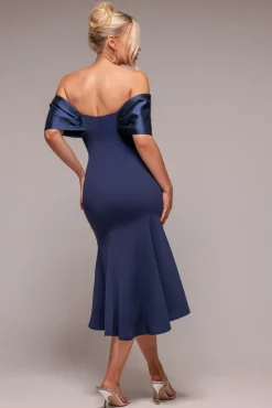 Twist Knot Satin & Scuba Bardot High Low Midi Dress - Navy Blue by Goddiva