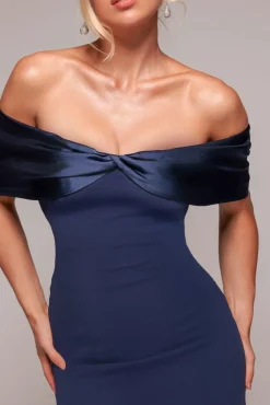 Twist Knot Satin & Scuba Bardot High Low Midi Dress - Navy Blue by Goddiva