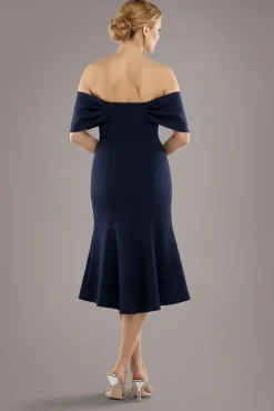 Twist Knot Satin & Scuba Bardot High Low Midi Dress - Navy Blue by Goddiva