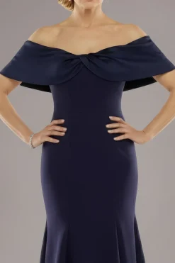 Twist Knot Satin & Scuba Bardot High Low Midi Dress - Navy Blue by Goddiva