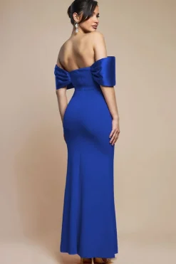 Twist Knot Satin & Scuba Bardot Maxi Dress - Royal Blue by Goddiva