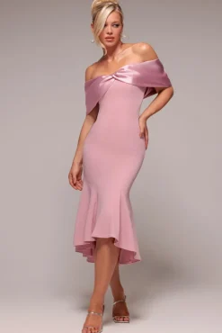 Twist Knot Satin & Scuba Bardot High Low Midi Dress - Blush Pink by Goddiva