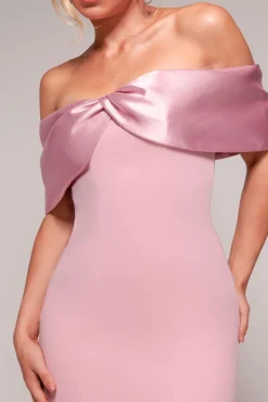 Twist Knot Satin & Scuba Bardot High Low Midi Dress - Blush Pink by Goddiva