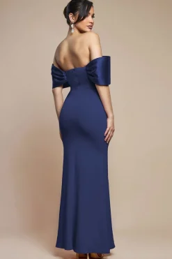 Twist Knot Satin & Scuba Bardot Maxi Dress - Navy Blue by Goddiva